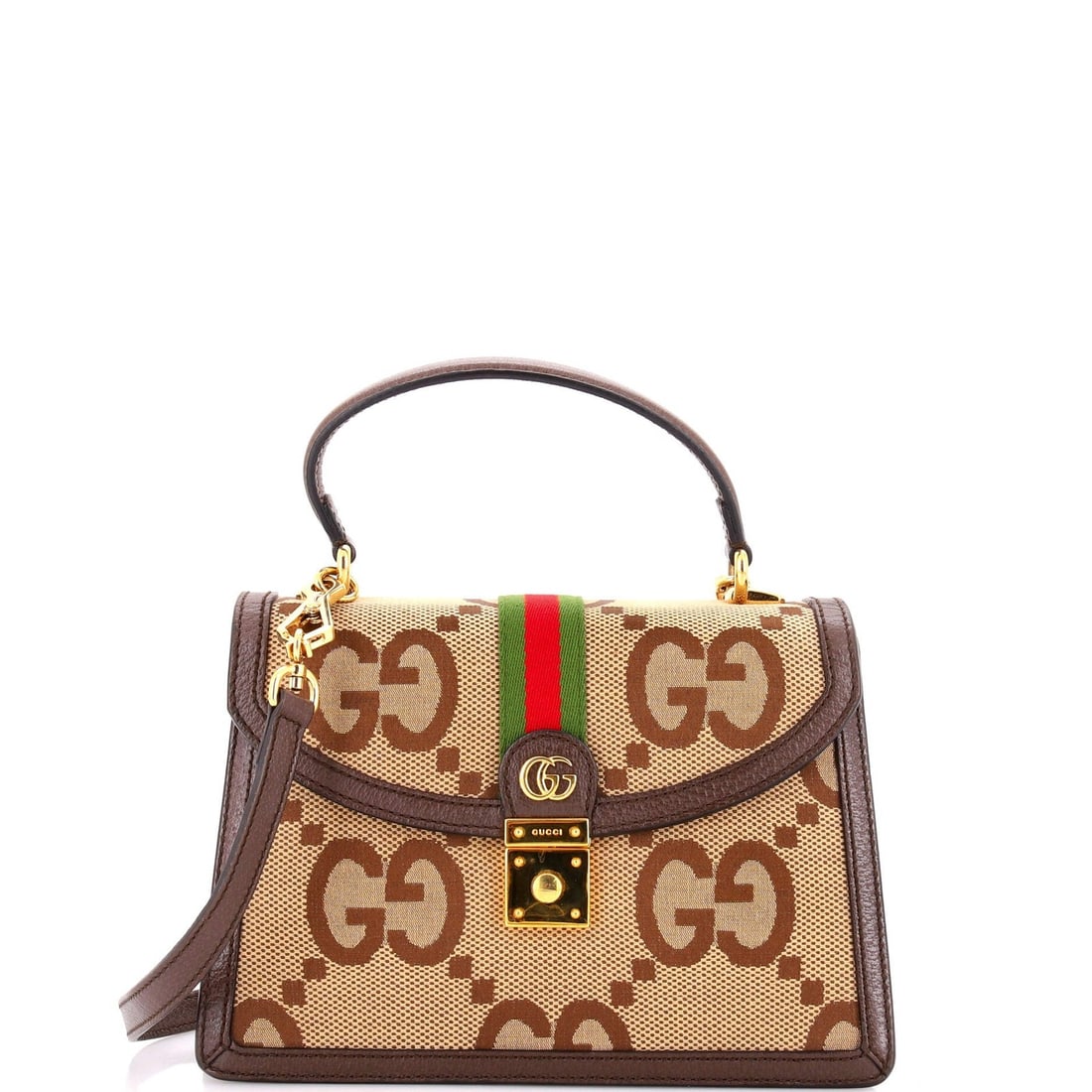 Ophidia Flap Top Handle Bag Small GG Canvas Jumbo Gucci: Ophidia Flap Top Handle Bag Small GG Canvas Jumbo Gucci Small GG Canvas Jumbo Ophidia Flap Top Handle Bag in Brown, featuring a classic cross body design with a flap top and gold hardware, and a