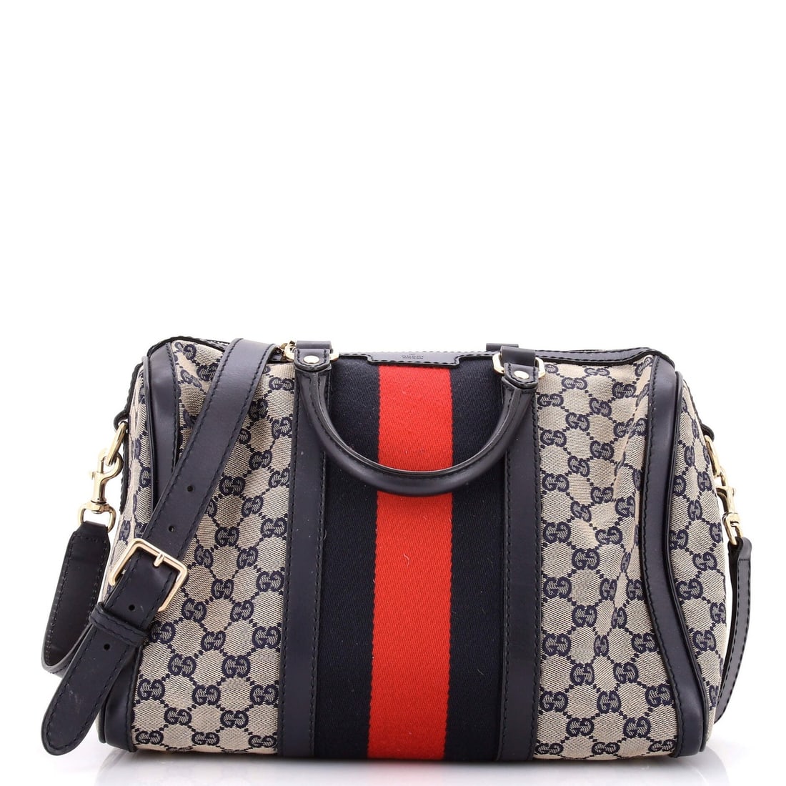 Boston Web Bag Canvas Medium Gucci GG Vintage: Boston Web Bag Canvas Medium Gucci GG Vintage Canvas medium Gucci GG vintage web Boston bag in blue, featuring a classic satchel style with a gold tone hardware. The bag boasts a distressed look with