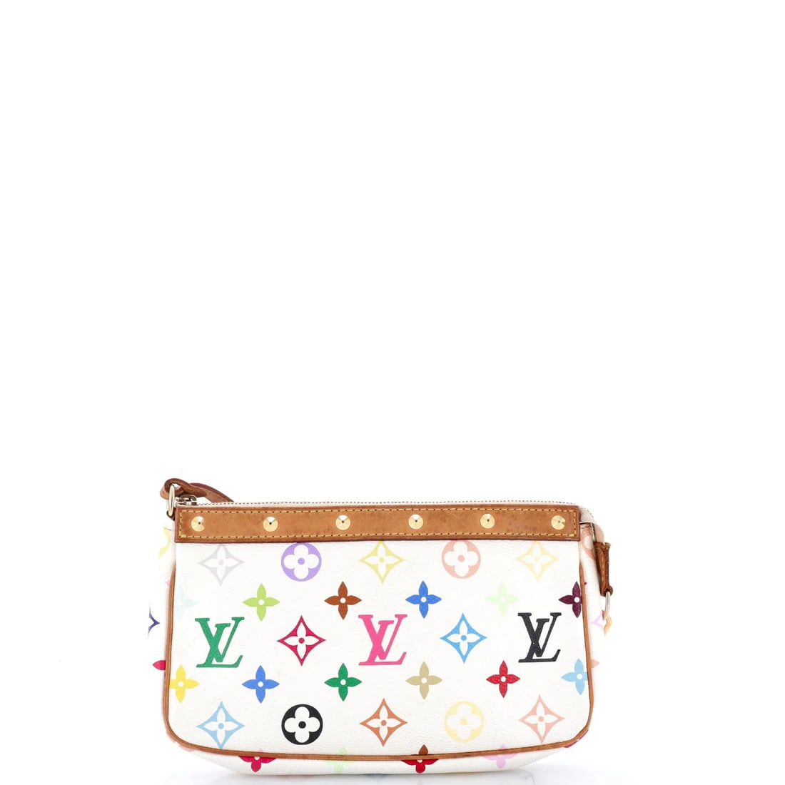 Multicolor Monogram Pochette Louis Vuitton Accessoires: Multicolor Monogram Pochette Louis Vuitton Accessoires White canvas coated Louis Vuitton Pochette Accessoires features a multicolor monogram design, with a gold-toned strap and microfiber burgundy