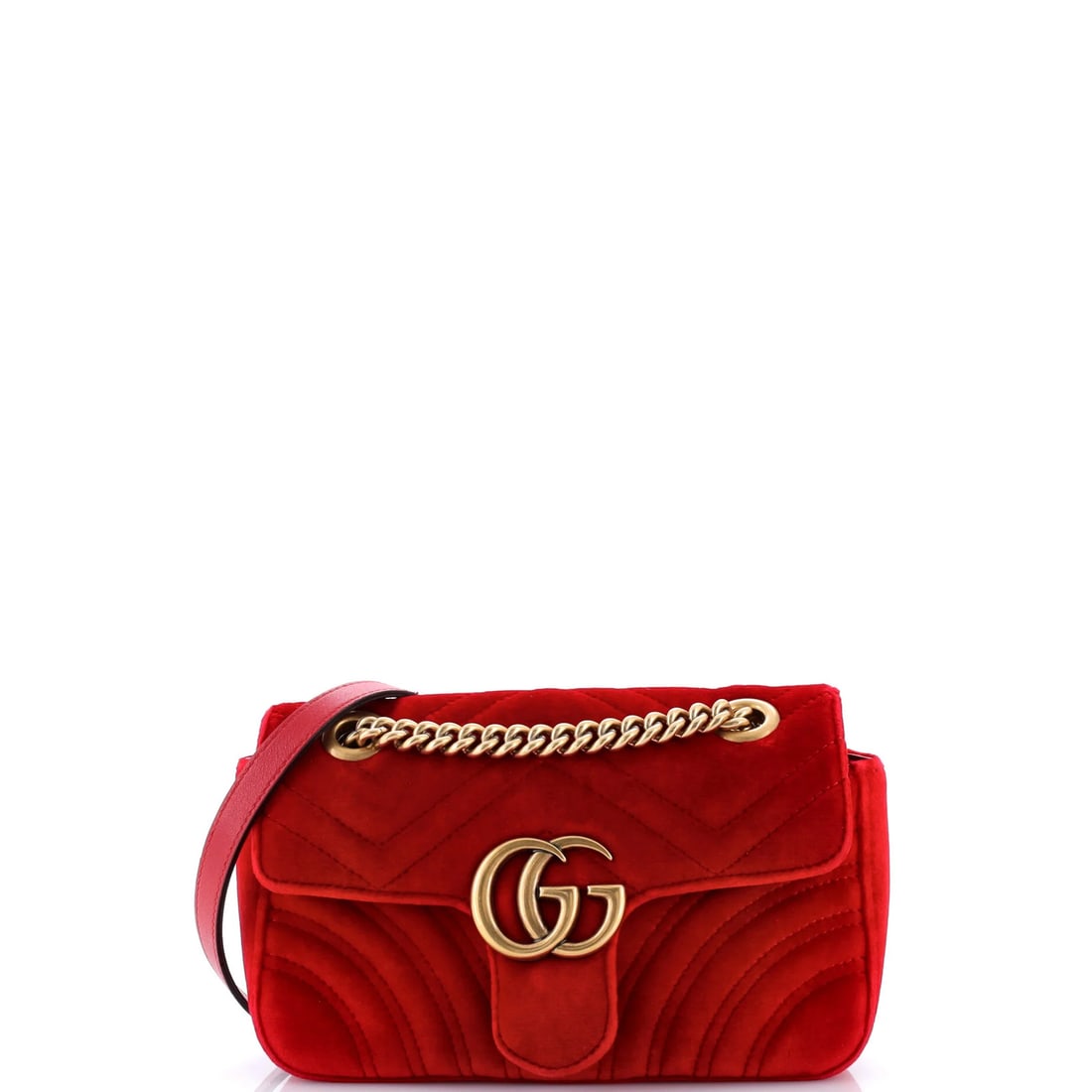 Gucci GG Matelasse Velvet Flap Mini Marmont Bag: Gucci GG Matelasse Velvet Flap Mini Marmont Bag Red velvet exterior, satin blue interior, and gold hardware make this Gucci GG Marmont Flap Mini Marmont Bag a stylish and eye-catching accessory. Measu
