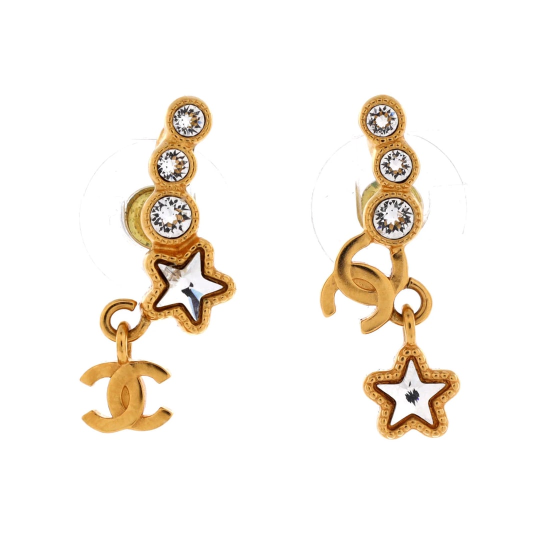 Chanel CC Star Drop Crawler Earrings Metal with Crystals: Chanel CC Star Drop Crawler Earrings Metal with Crystals Gold drop earrings featuring crystals, designed by Chanel in the CC Star Drop Crawler style, with minor scratches and wear throughout. Measurin