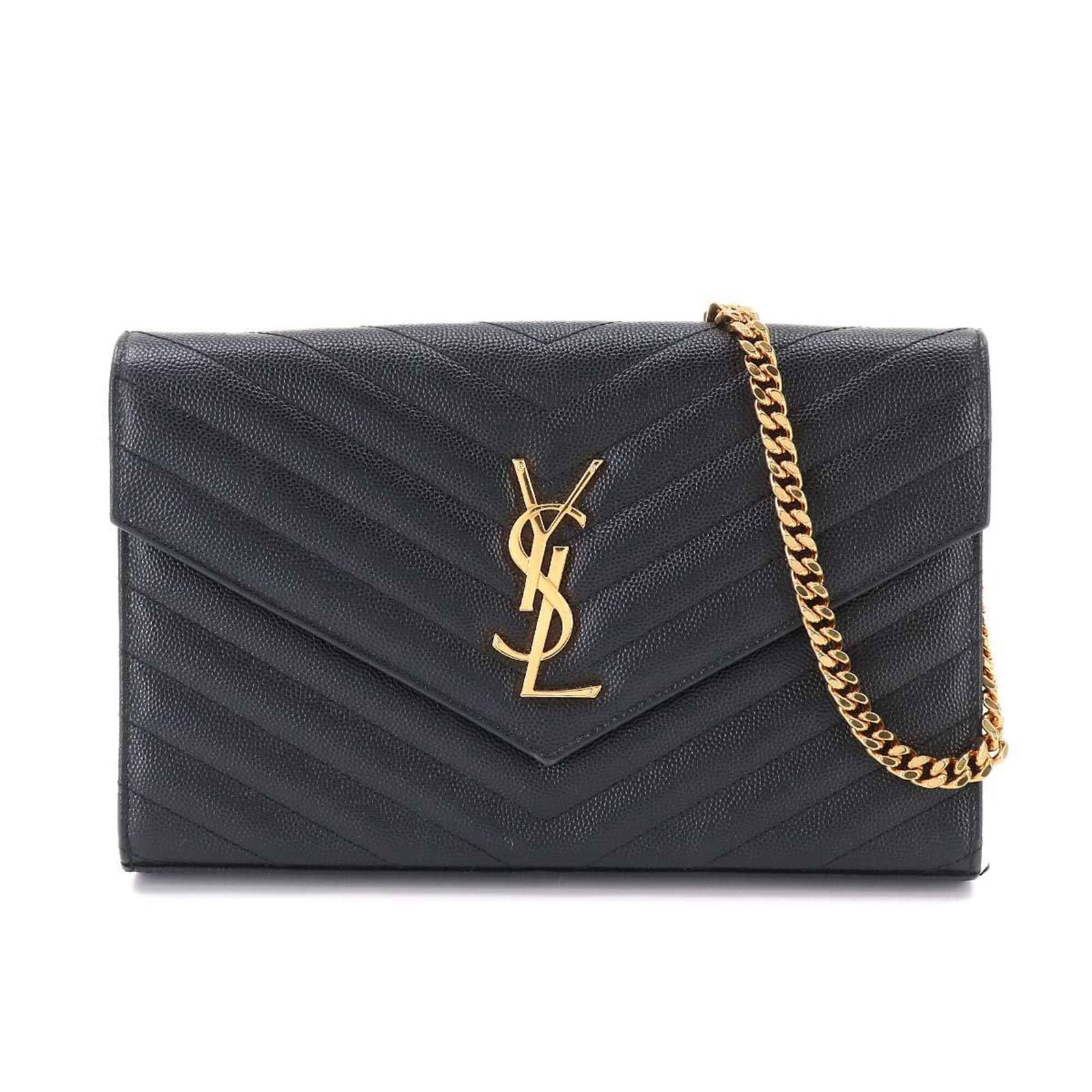 Saint Laurent Chain Shoulder Leather Wallet: Saint Laurent Chain Shoulder Leather Wallet Chain shoulder leather wallet from Saint Laurent, featuring a sleek black design with a chain strap and multiple inner pockets for organization. The wallet 