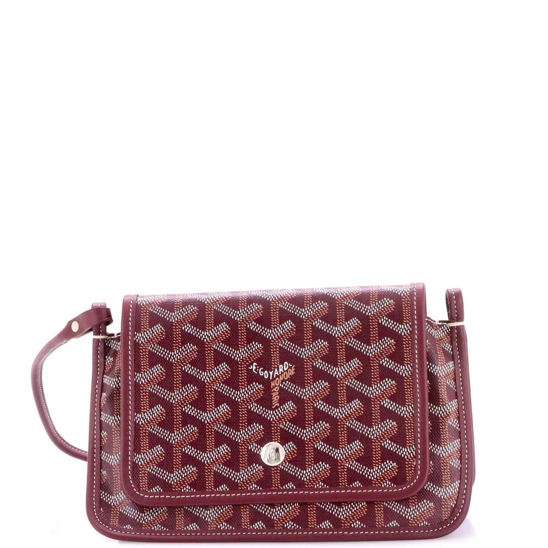 Goyard Canvas Coated Wallet Plumet Clutch: Goyard Canvas Coated Wallet Plumet Clutch The Goyard Canvas Coated Wallet Plumet Clutch is a stylish and functional cross body bag with a rich burgundy exterior and neutral interior. With its 10"