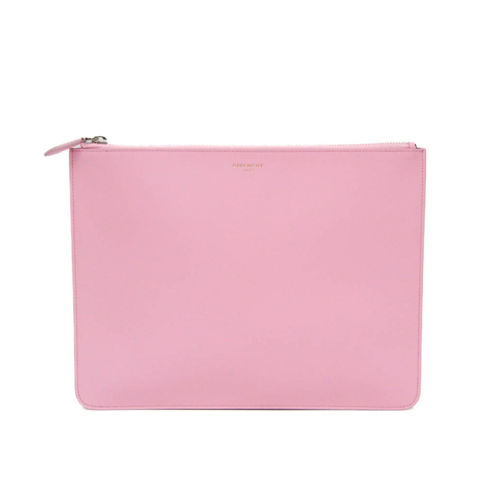 Bag Leather Givenchy Clutch: Bag Leather Givenchy Clutch The Givenchy Clutch is a stylish and elegant bag made from high-quality leather, featuring a striking pink color and silver hardware. Its sleek design and zipper closure
