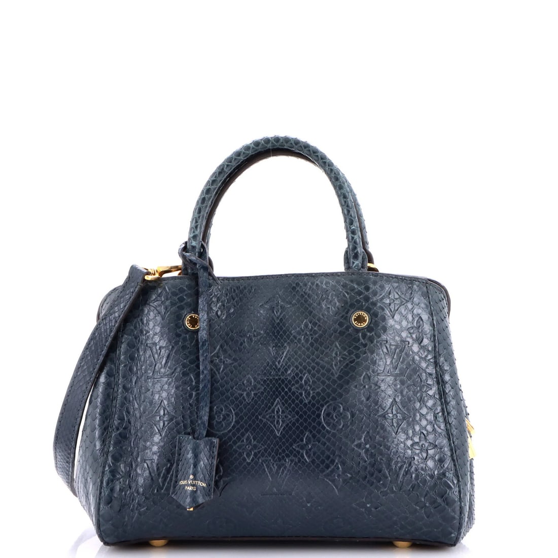 Louis Vuitton Montaigne Handbag Monogram Embossed Python BB: Louis Vuitton Montaigne Handbag Monogram Embossed Python BB Exotic Python skin adds a touch of luxury to this iconic Louis Vuitton Montaigne Handbag, featuring a striking blue monogram embossed