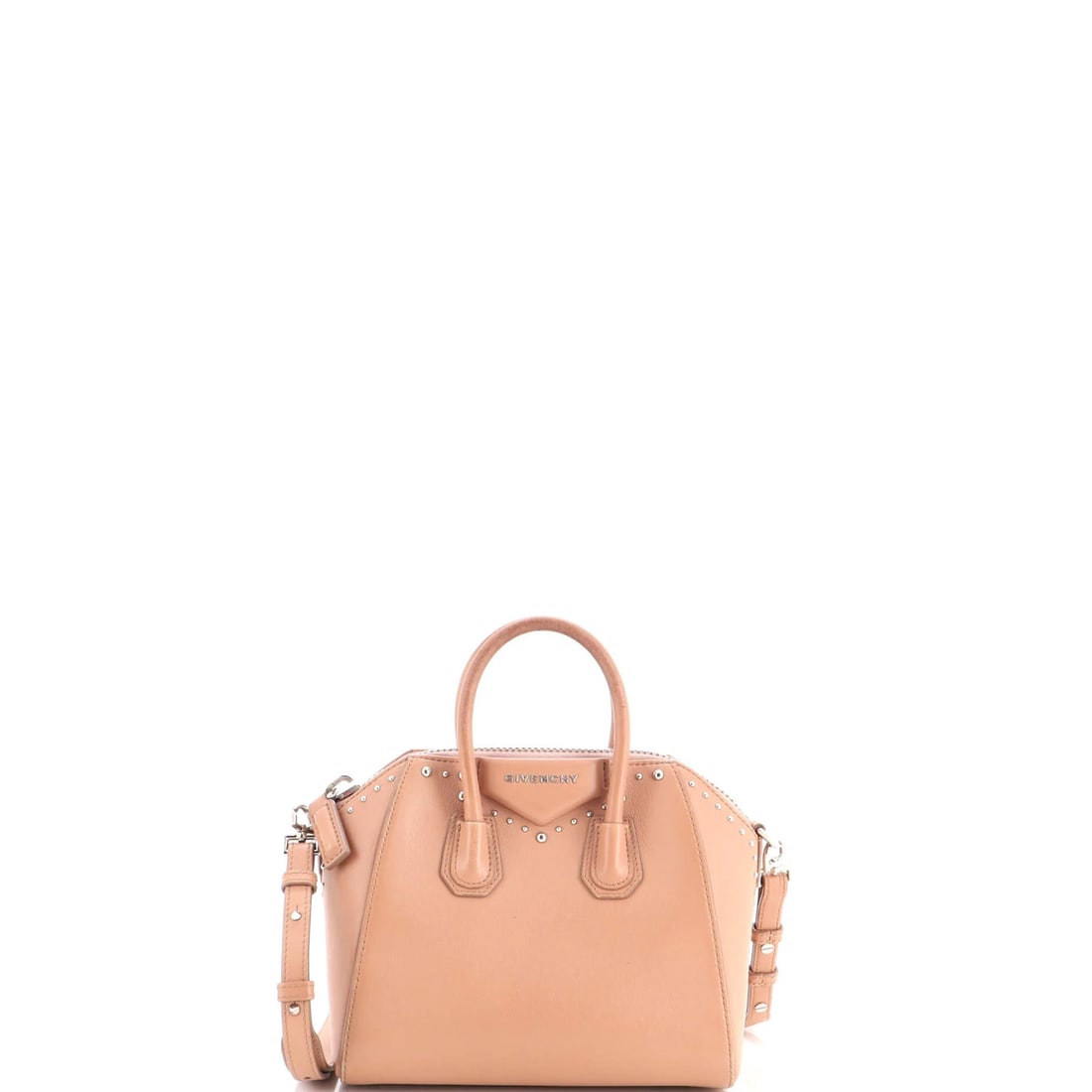 Givenchy Studded Leather Bag Antigona Mini: Givenchy Studded Leather Bag Antigona Mini The Givenchy Studded Leather Bag Antigona Mini boasts a striking pink exterior with studded leather details, adding an edgy touch to its mini satchel