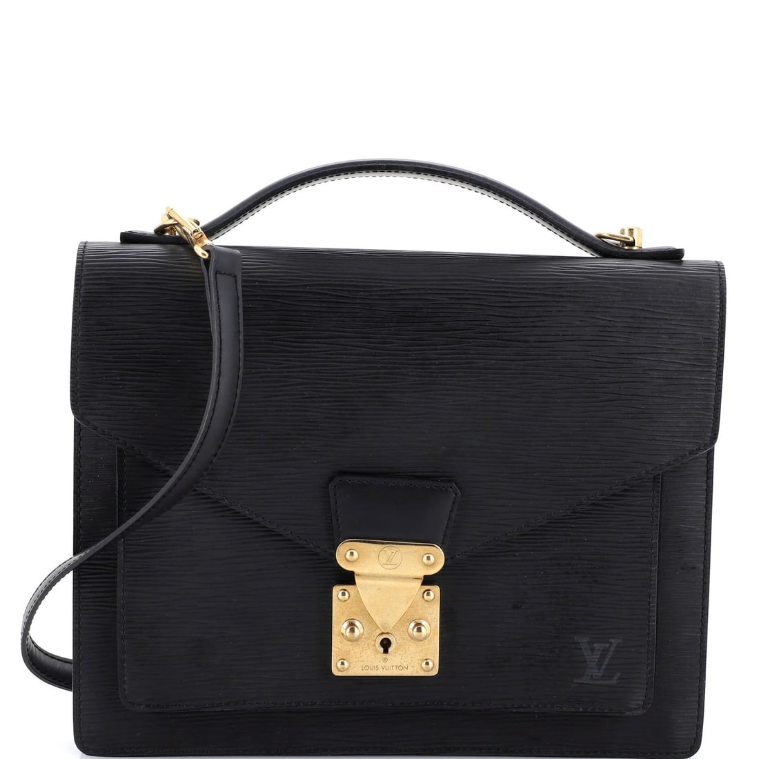 Epi Leather Louis Vuitton Monceau Handbag: Epi Leather Louis Vuitton Monceau Handbag The Epi Leather Louis Vuitton Monceau Handbag is a classic cross body bag with a timeless design. Featuring a black exterior with heavy cracking on corners,