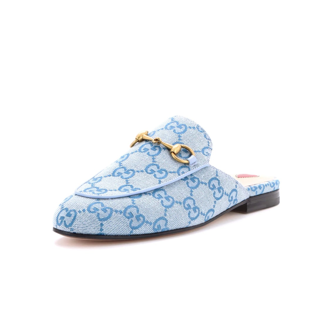 Women's GG Denim Princetown Mules Gucci: Women's GG Denim Princetown Mules Gucci Blue GG Denim Princetown Mules from Gucci feature a denim upper with neutral leather interior and aged gold hardware. The shoes showcase light marks in the