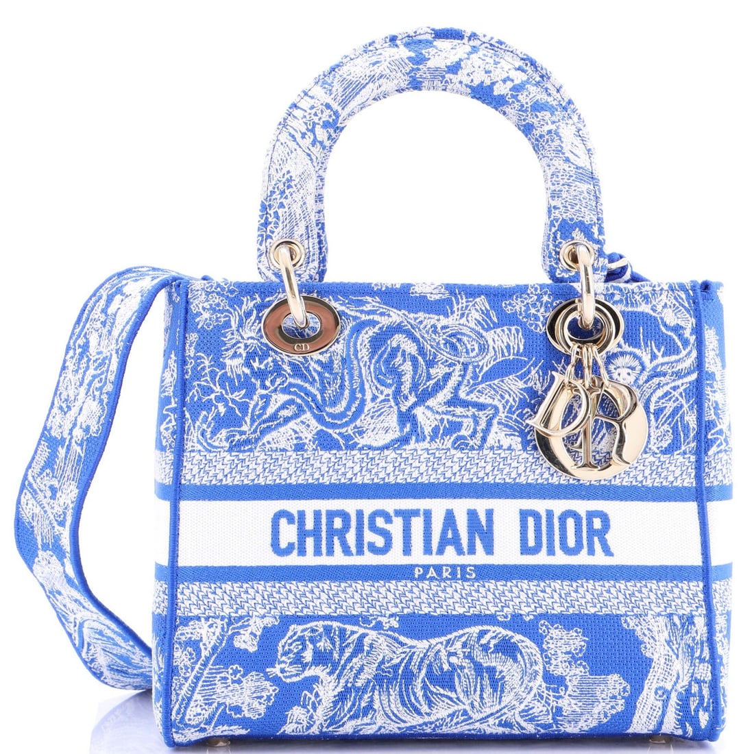 Lady Dior Toile de Jouy Christian D-Lite Embroidered Canvas Bag: Lady Dior Toile de Jouy Christian D-Lite Embroidered Canvas Bag Blue Toile de Jouy embroidered canvas bag with gold tone hardware, featuring a classic Christian Dior design. The bag boasts a timeless 