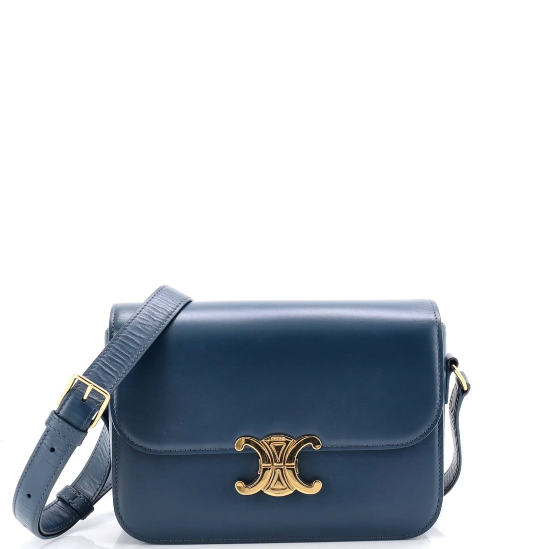 Calfskin Shoulder Bag Smooth Medium Triomphe Celine: Calfskin Shoulder Bag Smooth Medium Triomphe Celine Smooth and sleek, this Celine Triomphe shoulder bag boasts a rich blue exterior crafted from high-quality calfskin leather. With its classic cross-b
