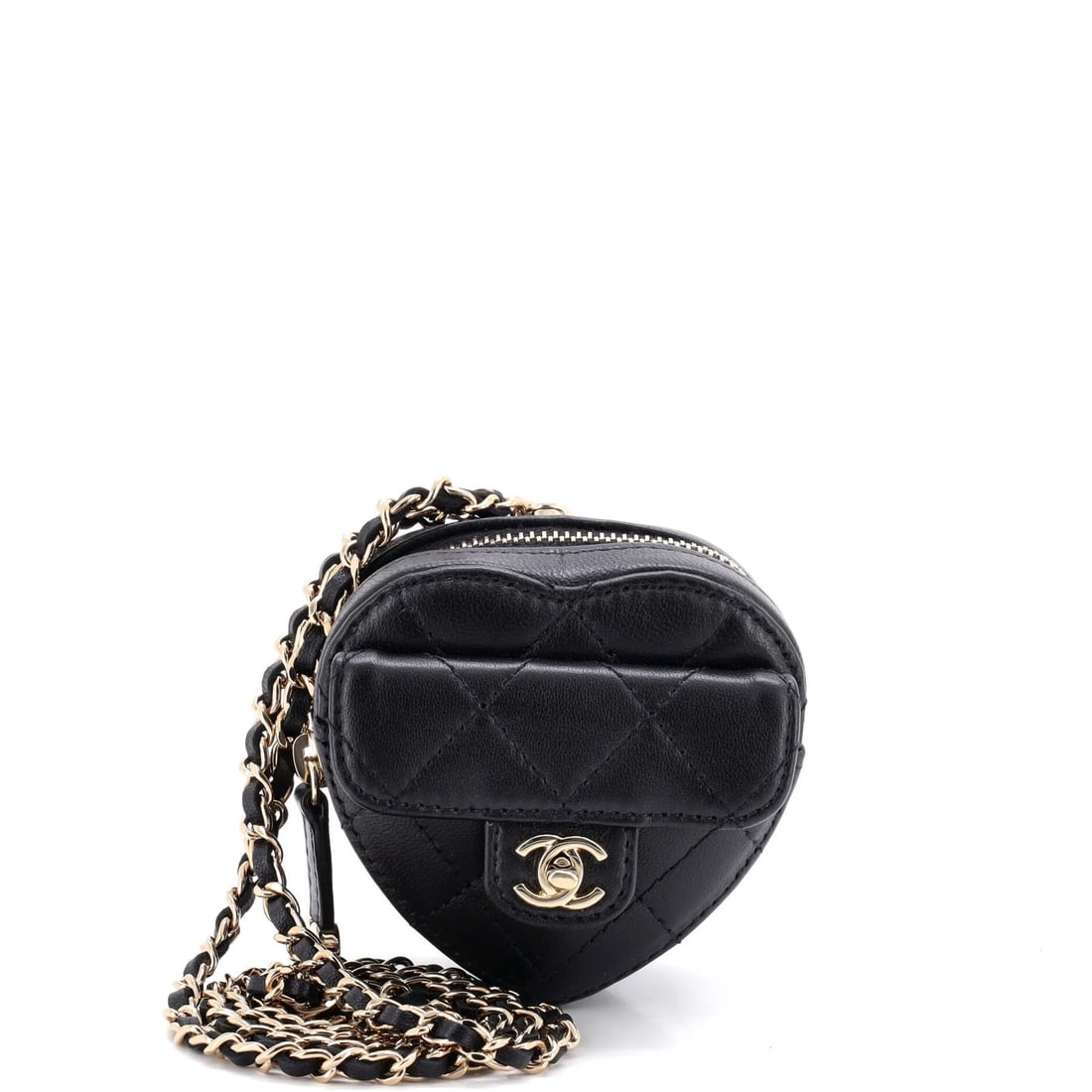 Love Heart Chain Necklace Quilted Lambskin Purse Coin Zip Chanel: Love Heart Chain Necklace Quilted Lambskin Purse Coin Zip Chanel Black quilted lambskin exterior, red interior, and gold tone hardware make this Love Heart Chain Necklace Zip Coin Purse a stylish