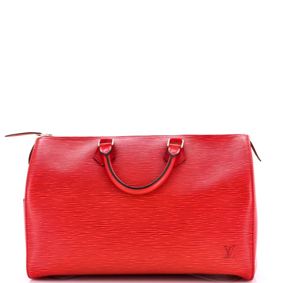 Speedy Handbag Epi Leather Louis Vuitton 35: Speedy Handbag Epi Leather Louis Vuitton 35 Red Louis Vuitton Speedy Handbag Epi Leather 35 features a classic top handle design with heavy edge wear, scuffs, and minor creases on the exterior. The