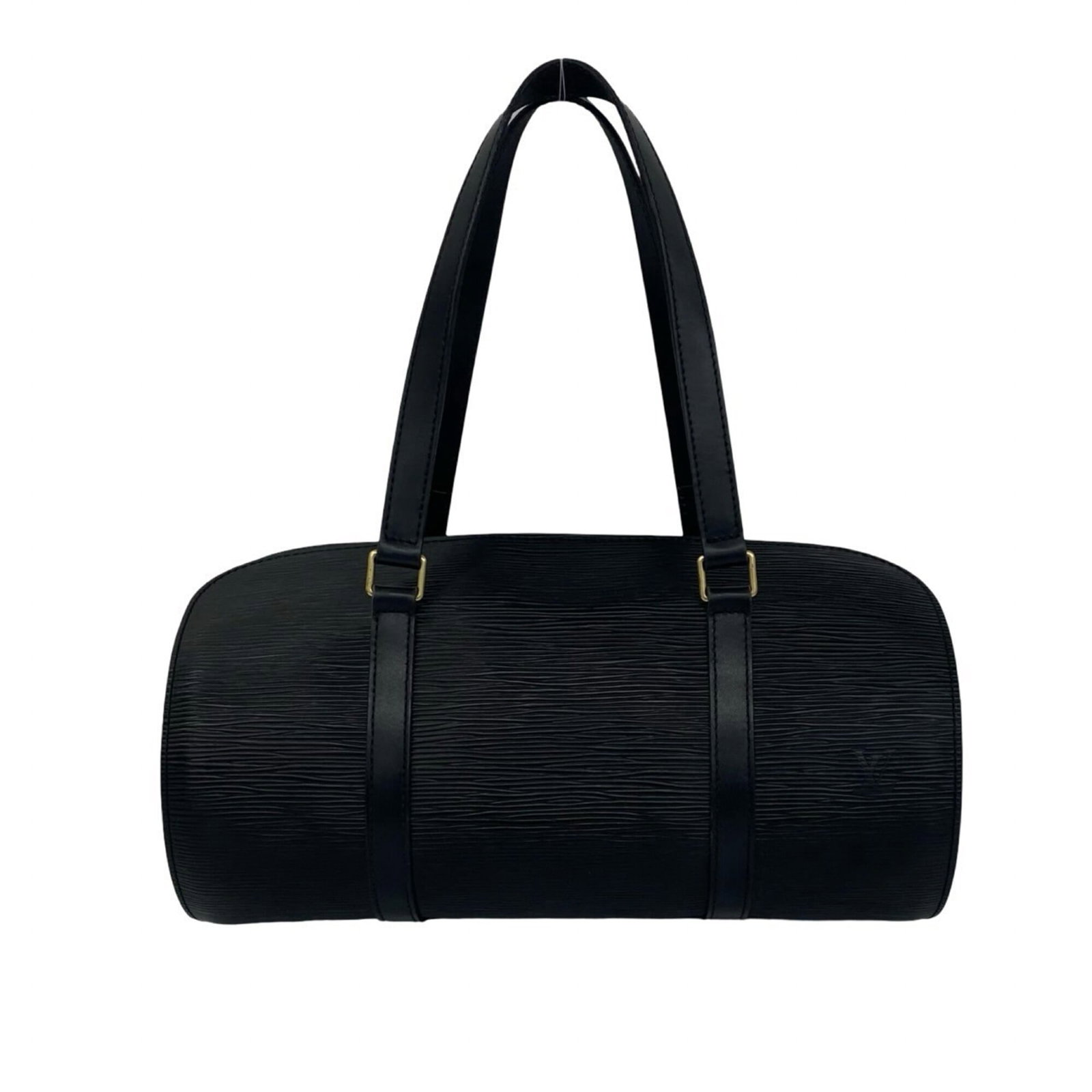 Boston Handbag Bag Leather Pouch Vuitton Louis: Boston Handbag Bag Leather Pouch Vuitton Louis Black leather Louis Vuitton Boston bag with a classic design, measuring 14.5cm x 31cm x 14cm. This stylish pouch features a timeless look and sleek