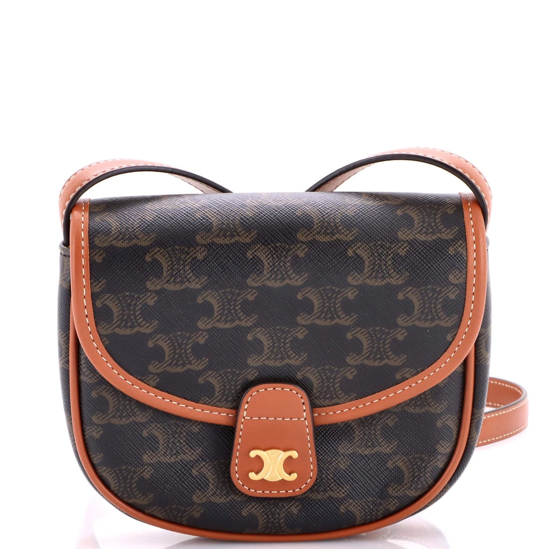 Besace Triomphe Coated Canvas Bag Mini Flap Celine: Besace Triomphe Coated Canvas Bag Mini Flap Celine The Besace Triomphe Coated Canvas Bag Mini Flap Celine is a stylish and compact cross-body bag with a brown canvas exterior and gold hardware.