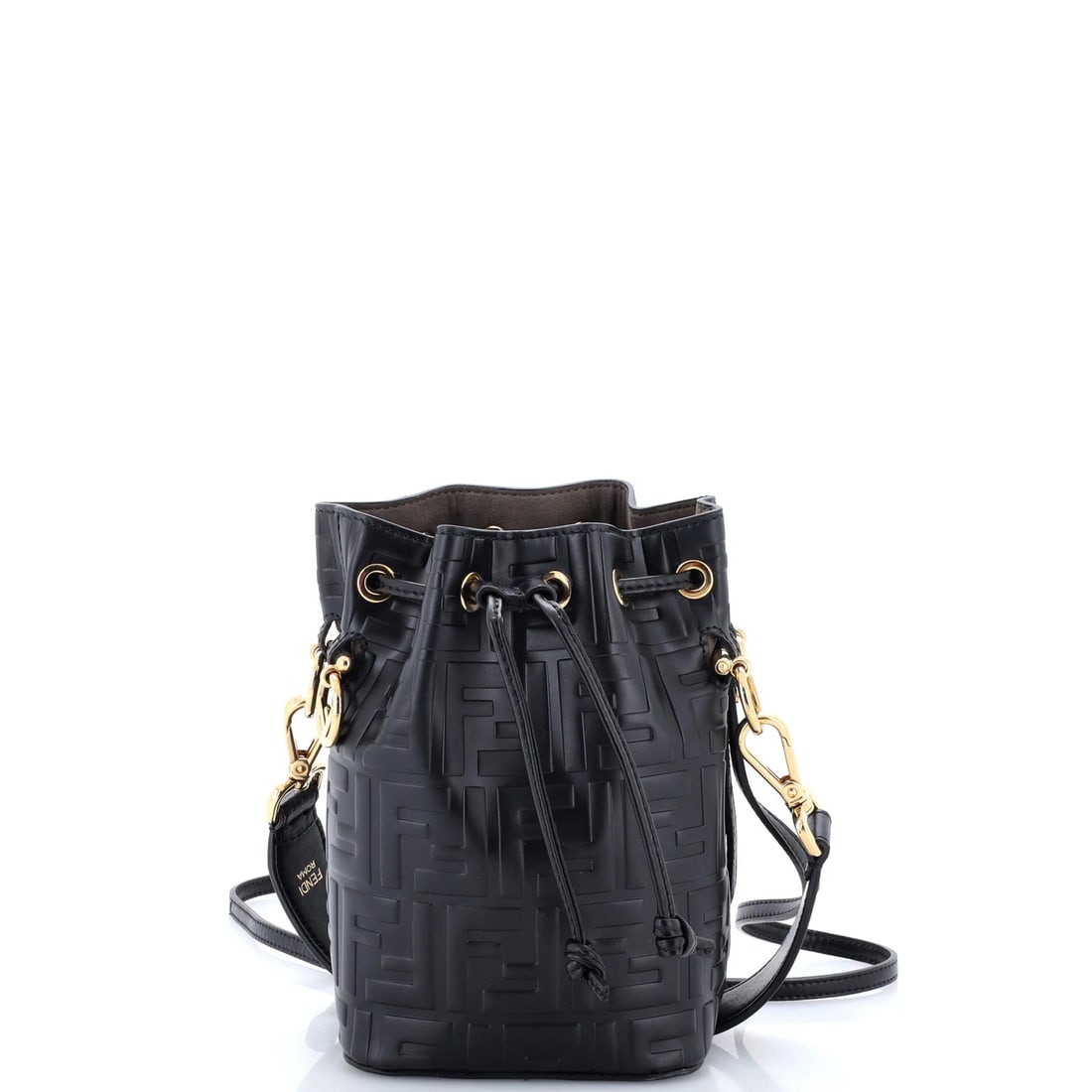 Mon Tresor Bucket Bag Zucca Embossed Leather Mini Fendi: Mon Tresor Bucket Bag Zucca Embossed Leather Mini Fendi Black Mon Tresor Bucket Bag Zucca Embossed Leather Mini Fendi features a sleek, embossed leather exterior with a classic bucket style. The
