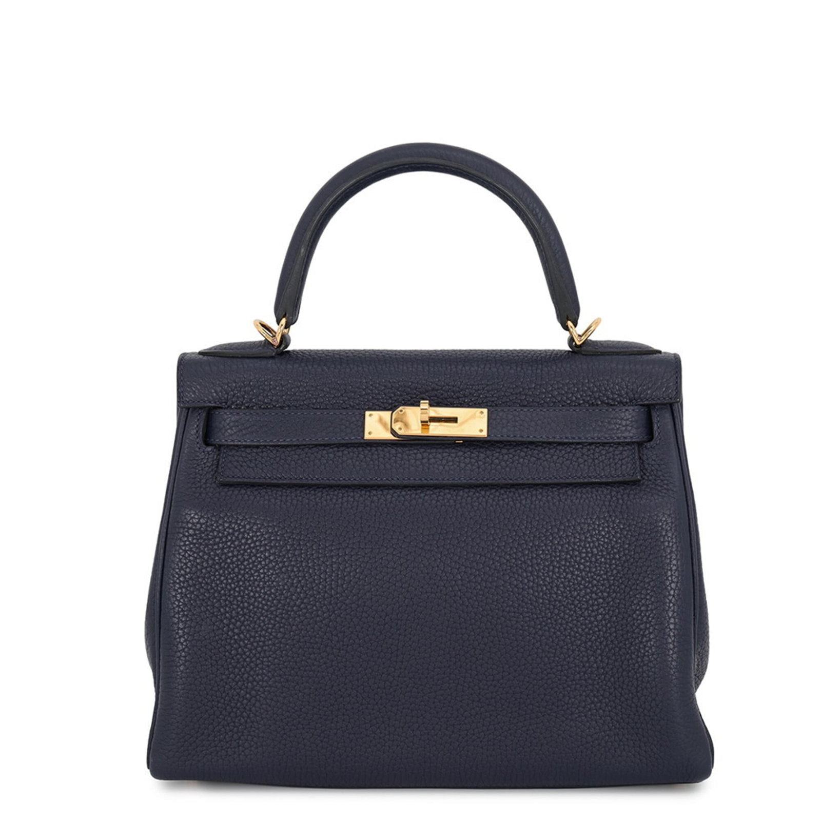 Clemence Leather Handbag Taurillon Hermes: Clemence Leather Handbag Taurillon Hermes Taurillon clemence leather handbag from the iconic Kelly line, crafted in France with a distinctive blue nuit hue and gold hardware. Measuring 20cm x 28cm x 1