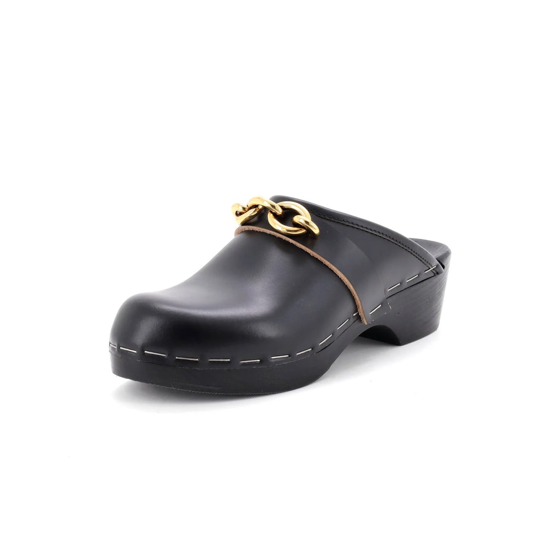 Saint Laurent Women's Leather Clog Mules Toff 15: Saint Laurent Women's Leather Clog Mules Toff 15 Black leather clog mules with aged gold hardware, featuring a sleek design and excellent condition. The shoes have light scuffs on the vamps, slight we