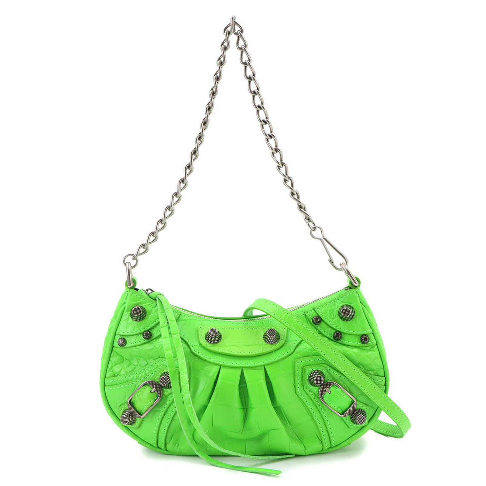 Handbag Leather Balenciaga: Handbag Leather Balenciaga Handbag in green leather from Balenciaga, featuring silver hardware and adjustable straps that can be worn in multiple lengths. Made from high-quality leather, this bag meas