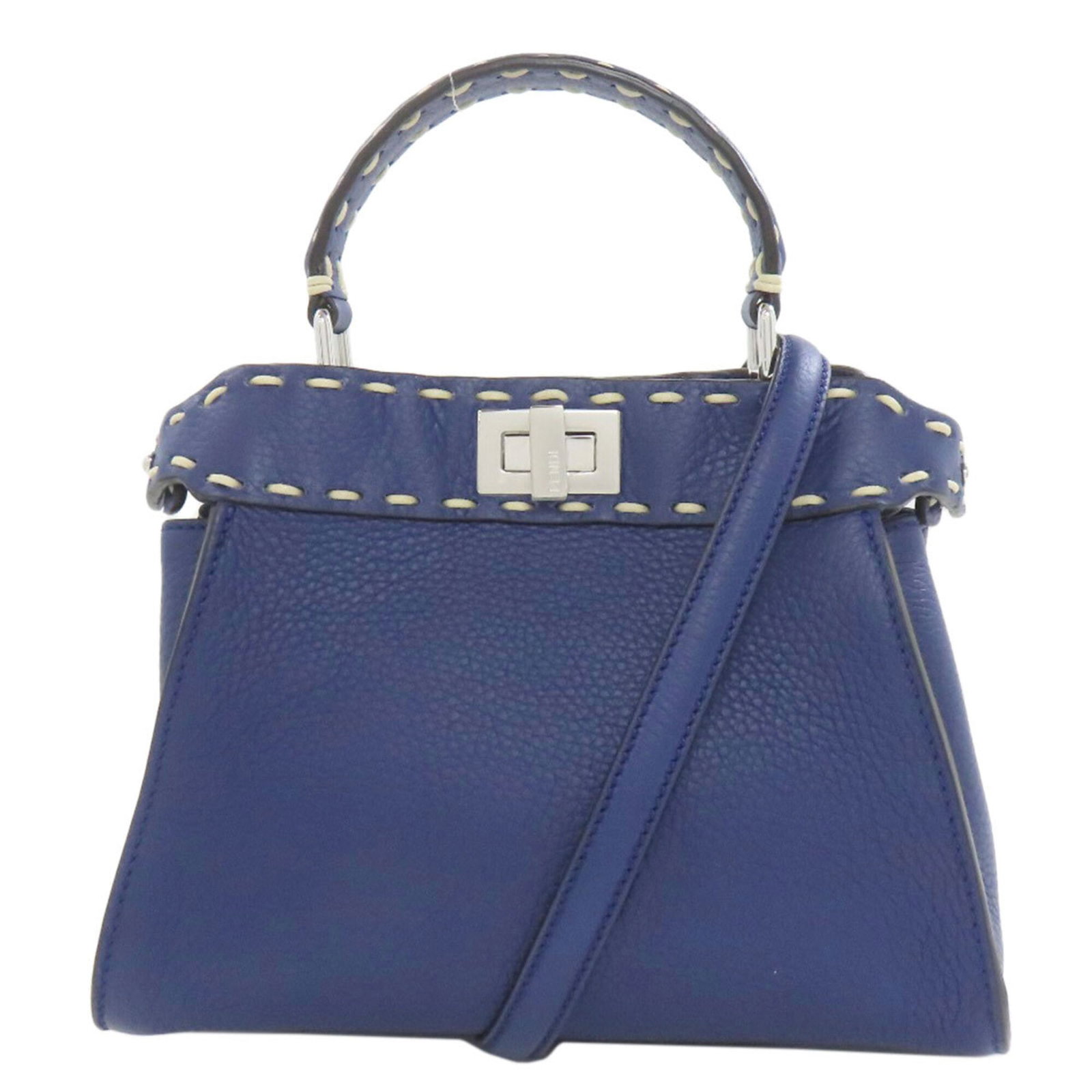 Handbag Leather Fendi: Handbag Leather Fendi Blue Fendi Handbag with Calfskin Leather. Made from high-quality leather, this stylish handbag features a distinctive blue color and measures 18cm x 23cm x 11.5cm. Its sleek desi