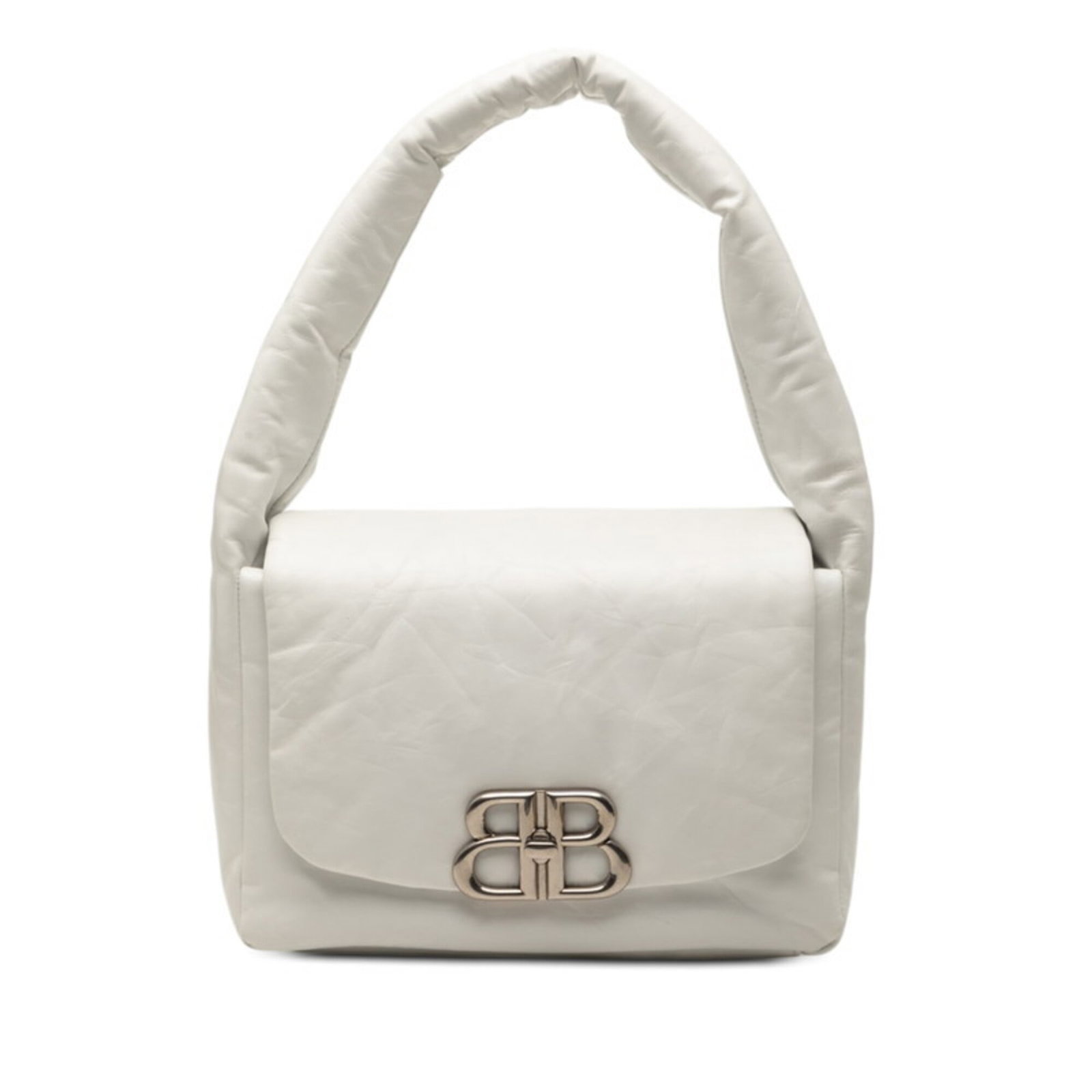 Bag Shoulder Leather Balenciaga: Bag Shoulder Leather Balenciaga Bag Shoulder Leather Balenciaga is a white leather shoulder bag with a turn lock outer pocket. It features a dust bag for added protection and convenience. Measuring