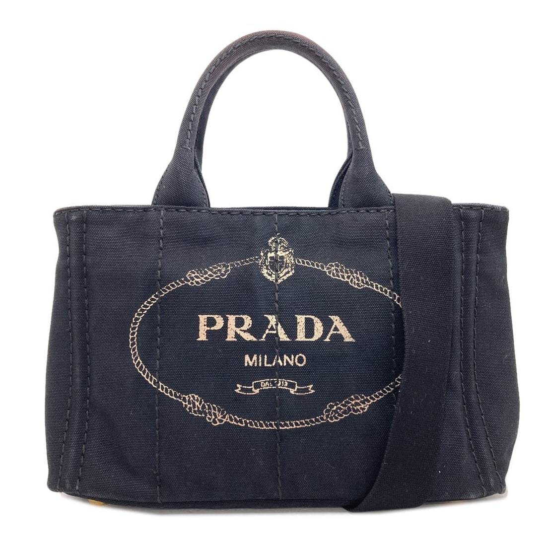 Mini Handbag Canvas 2 Way Prada: Mini Handbag Canvas 2 Way Prada Black canvas mini handbag with a 2-way design, characteristic of PRADA's signature style. The canvas exterior provides a unique texture and look, while the black color