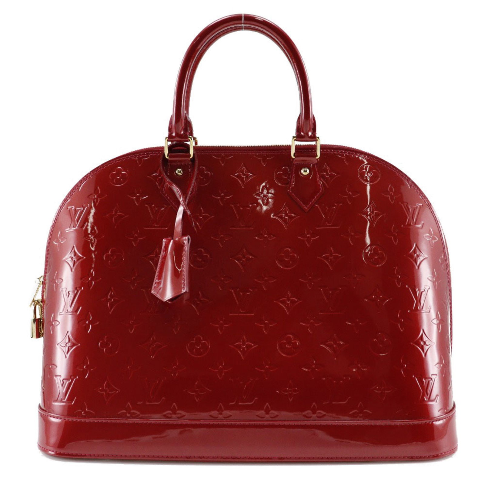 Handbag Vernis Vuitton Louis: Handbag Vernis Vuitton Louis Vernis Vuitton Louis is a handbag featuring a distinctive red Pomme d'amour color. It comes with a clochette, dust bag, key, and padlock, making it a complete accessory