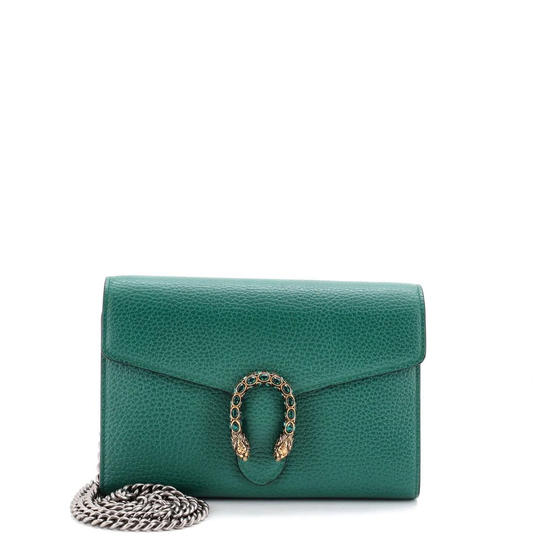 Chain Wallet Leather with Embellished Detail Small Gucci Dionysus: Chain Wallet Leather with Embellished Detail Small Gucci Dionysus Chain Wallet Leather with Embellished Detail Small Gucci Dionysus features a sleek green exterior and a chain strap for a chic, cross-