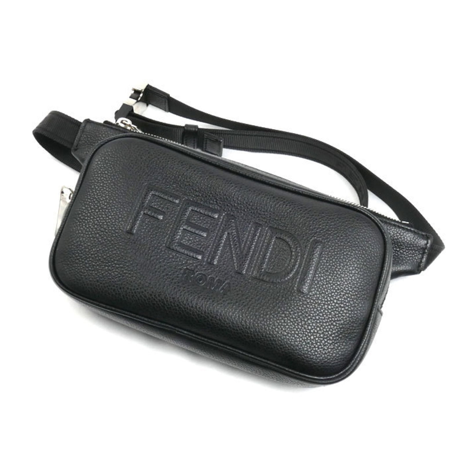 Shoulder Bag Leather Sling Fendi: Shoulder Bag Leather Sling Fendi Black leather shoulder bag with silver hardware, measuring 13cm x 21cm x 4cm, designed for a sleek and modern look. The bag's Fendi logo is prominently displayed,