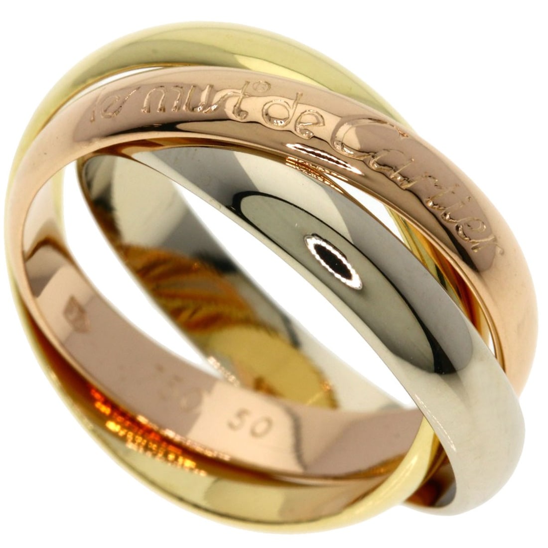 Cartier Trinity #50 Ring 18K K18 Gold Yellow Pink: Cartier Trinity #50 Ring 18K K18 Gold Yellow Pink Cartier Trinity #50 Ring 18K K18 Gold Yellow Pink features a striking gold design with a signature, showcasing the brand's expertise in luxury