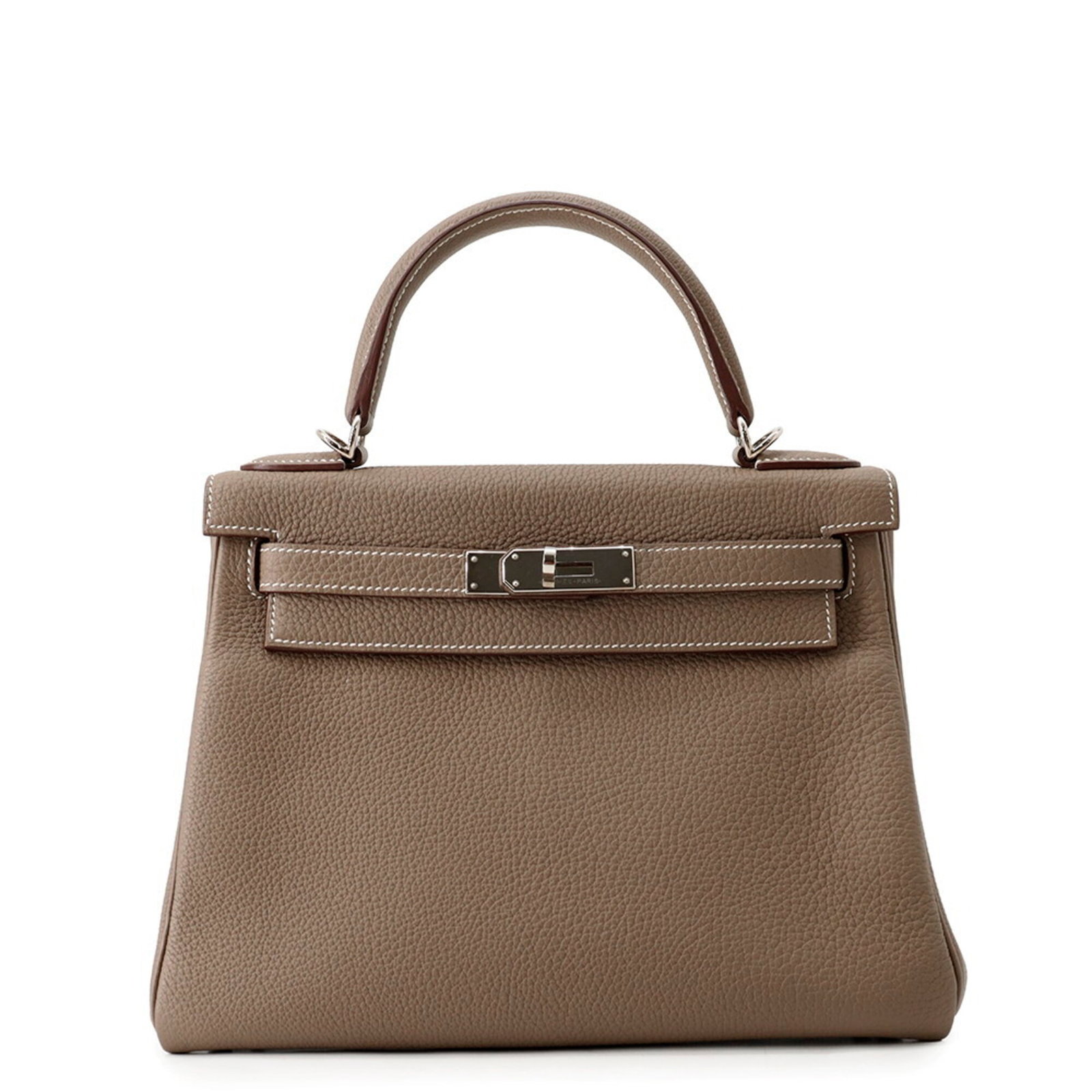Hermes Handbag Togo Leather: Hermes Handbag Togo Leather Togo leather construction provides a durable and supple base for this Kelly handbag, while the Etoupe gray color offers a sophisticated and timeless aesthetic. The silver h
