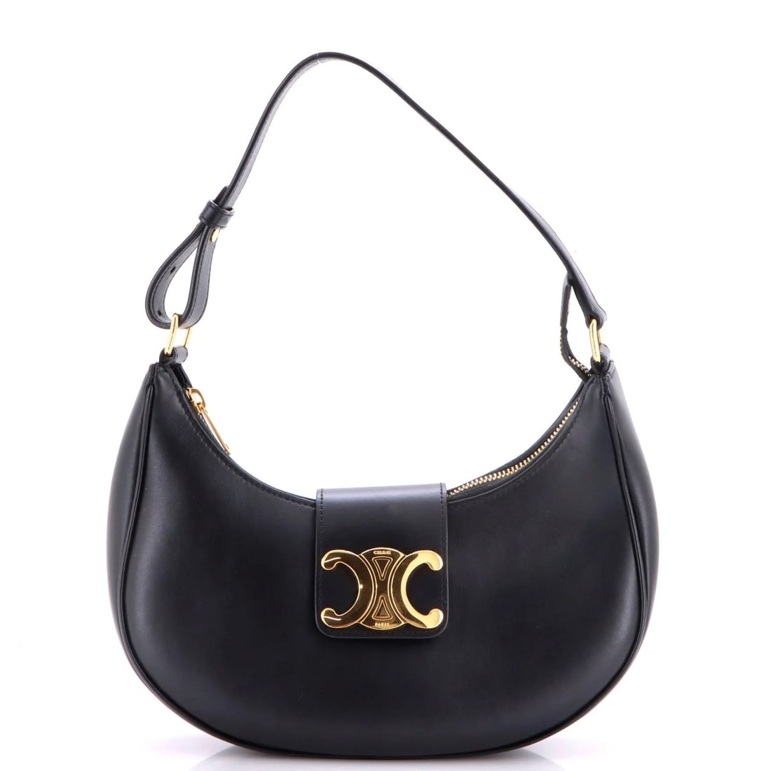 Leather Celine Bag Ava Triomphe: Leather Celine Bag Ava Triomphe Black leather Celine Ava Triomphe shoulder bag with gold hardware, featuring a classic design and subtle scuffs and edge wear on the exterior. The interior boasts suede