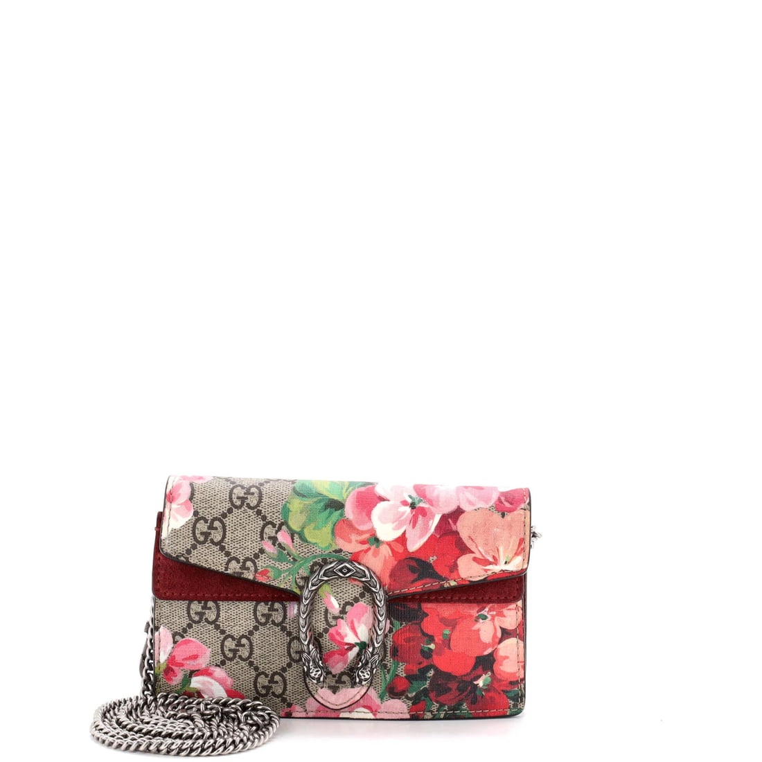 Gucci Coated Canvas Blooms Print Dionysus Bag Super Mini GG: Gucci Coated Canvas Blooms Print Dionysus Bag Super Mini GG Super Mini GG Dionysus Bag Blooms Print Gucci Coated Canvas Bag in Brown with Suede Red Interior and Silver Hardware. This cross-body bag fe