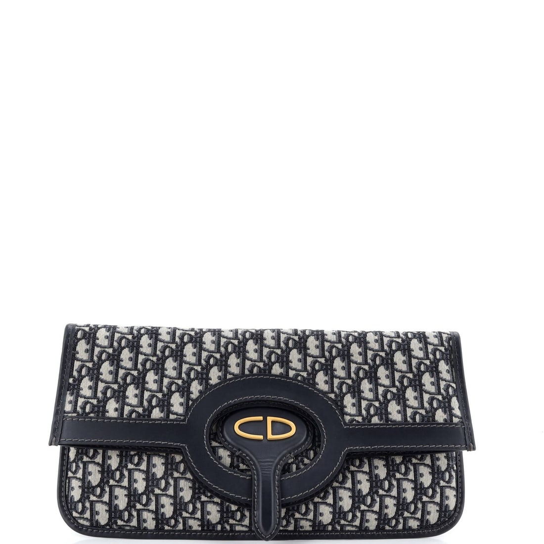Dior Fold Over Clutch Christian Canvas Oblique: Dior Fold Over Clutch Christian Canvas Oblique Blue canvas fold over clutch with oblique design, featuring plain leather exterior and neutral interior. The item has a classic fold-over style and