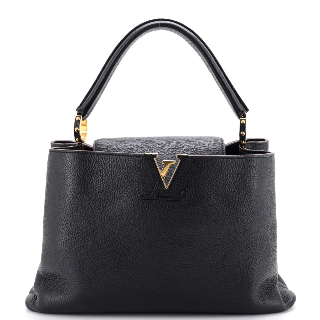 Louis Vuitton Capucines Bag Leather GM: Louis Vuitton Capucines Bag Leather GM Black Louis Vuitton Capucines Bag Leather GM with a sleek, classic design. This satchel features a striking exterior color and interior with a subtle pink hue,