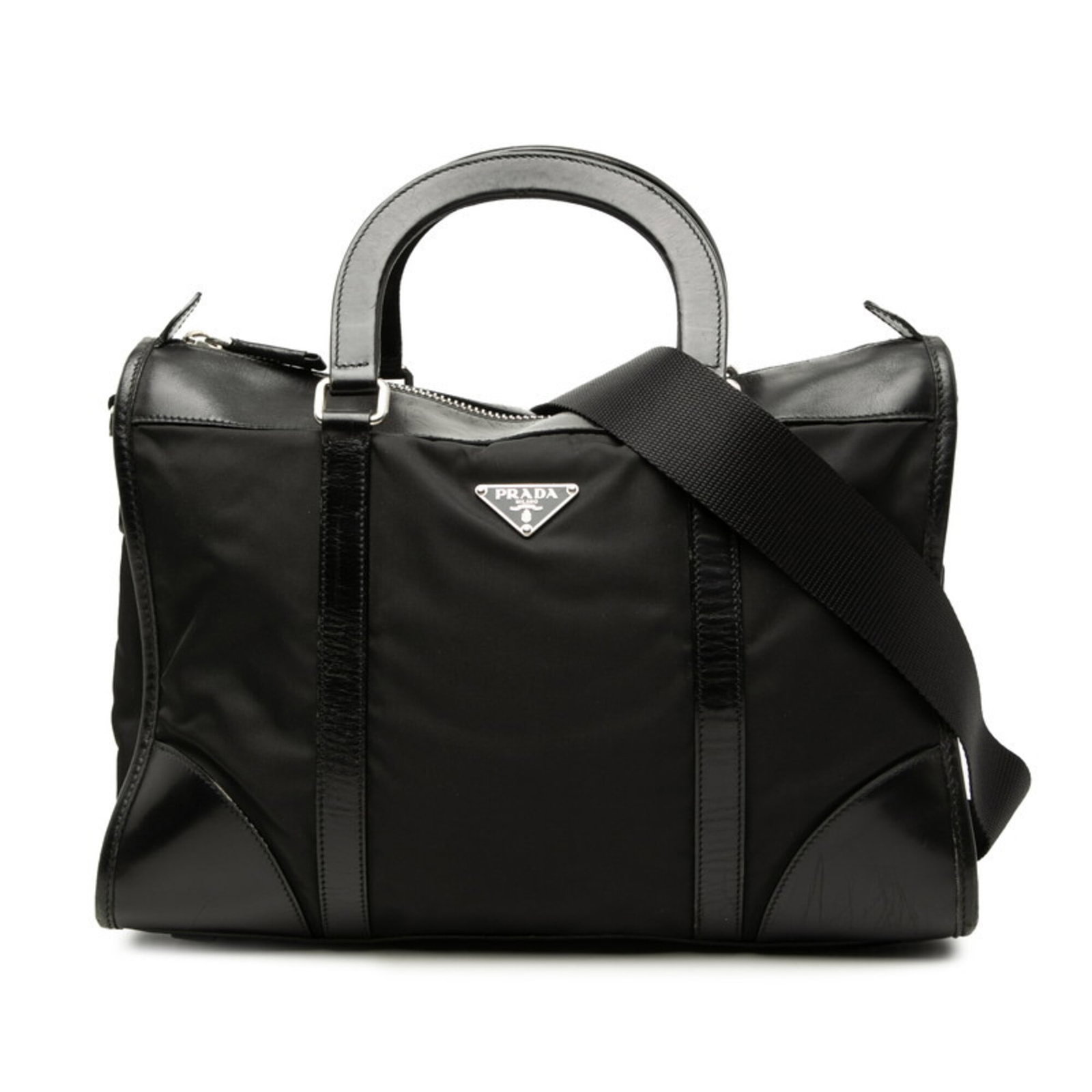 Handbag Nylon Leather Bag Prada Shoulder: Handbag Nylon Leather Bag Prada Shoulder Prada's Nylon Leather Shoulder Bag boasts a sleek, modern design with a striking combination of nylon and leather materials. Measuring 24.5cm x 33cm x 11cm,