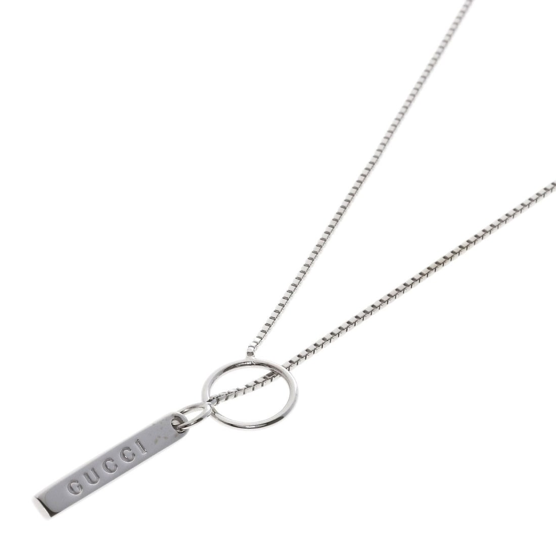 White Gold K18 Lariat Necklace Gucci: White Gold K18 Lariat Necklace Gucci K18 White Gold Lariat Necklace from GUCCI boasts a sleek, silver-toned design with a 20.4-inch length. This elegant necklace features K18 white gold material and