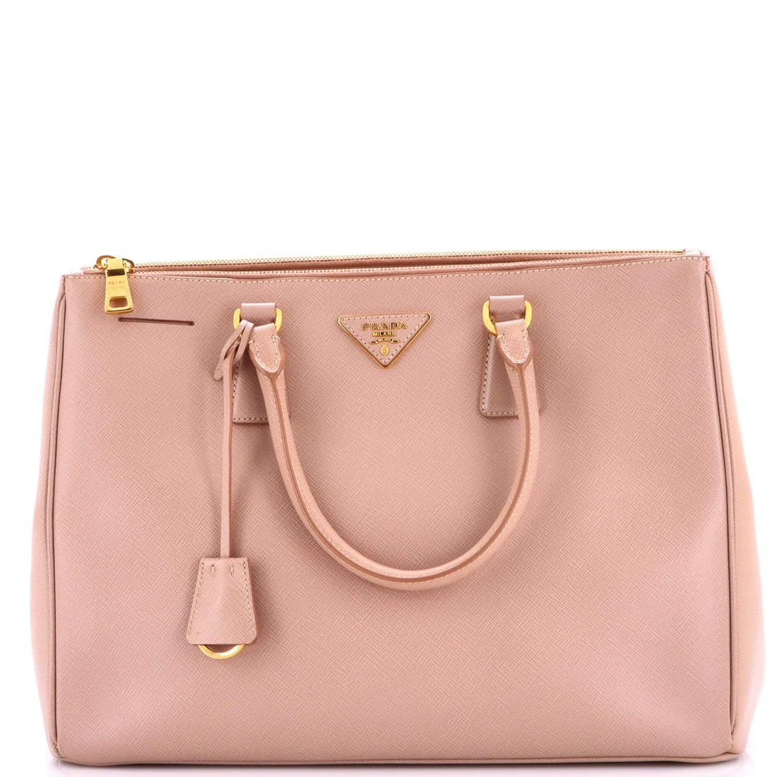 Saffiano Leather Double Tote Lux Prada Large: Saffiano Leather Double Tote Lux Prada Large Saffiano Leather Double Tote Lux Prada Large - Neutral Saffiano Leather Double Zip Tote with Gold Hardware, Measuring 10.5" x 14" x 6". Item Specifics: