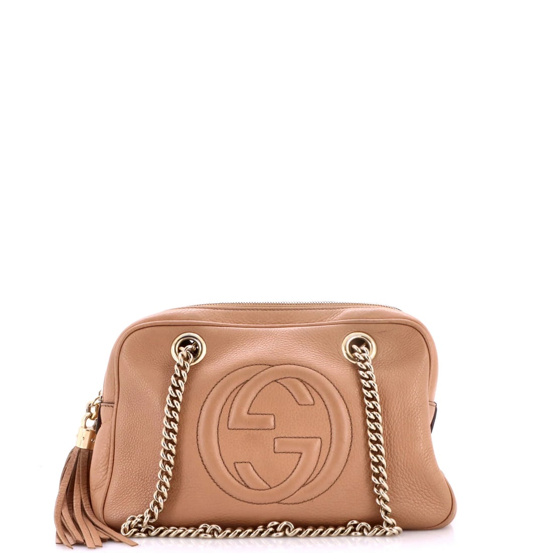 Small Leather Zip Chain Bag Gucci Soho: Small Leather Zip Chain Bag Gucci Soho Small Leather Zip Chain Bag Gucci Soho features a neutral exterior with a classic chain zip closure, complemented by a canvas interior and gold tone hardware. Me