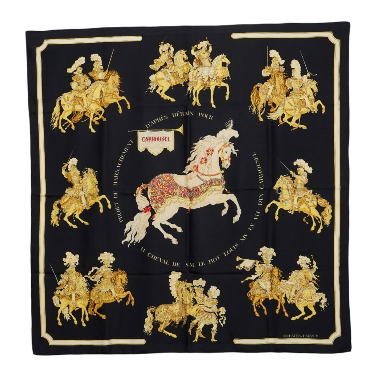 Silk Hermes Scarf: Silk Hermes Scarf Silk Hermes Scarf in Black with Gold Accents. This 89cm x 88cm silk scarf features a classic black background with elegant gold accents, showcasing the timeless craftsmanship of the