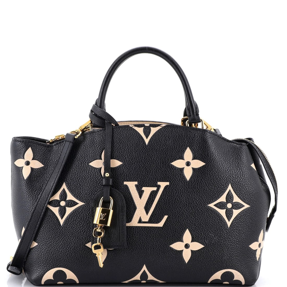 Louis Vuitton Petit Palais Handbag Bicolor Giant Monogram Empreinte: Louis Vuitton Petit Palais Handbag Bicolor Giant Monogram Empreinte Black leather Louis Vuitton Petit Palais Handbag Bicolor Giant Monogram Empreinte features a classic top handle design with a 7"