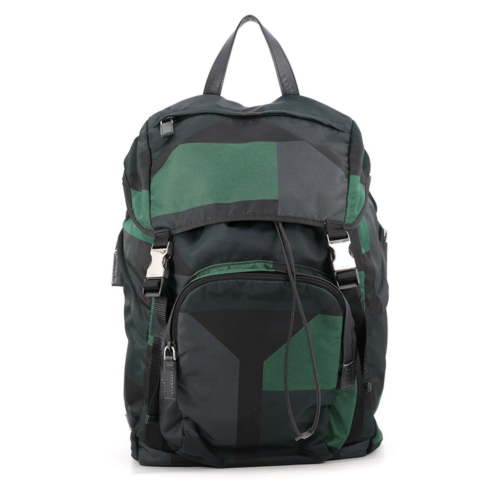 Backpack Nylon Leather Prada: Backpack Nylon Leather Prada Nylon and leather blend in this sleek Prada backpack, measuring 40cm x 26cm x 13cm. The black and green color options provide a versatile look, while the Italian design