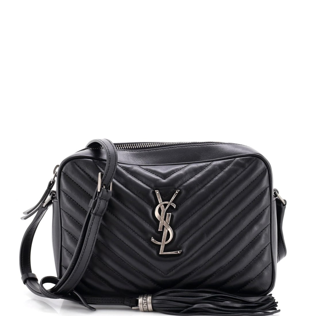 Matelasse Leather Chevron Bag Small Camera Lou Saint: Matelasse Leather Chevron Bag Small Camera Lou Saint Small Matelasse Leather Chevron Bag by Saint Laurent. This black leather cross body bag features a striking chevron pattern and gold hardware,