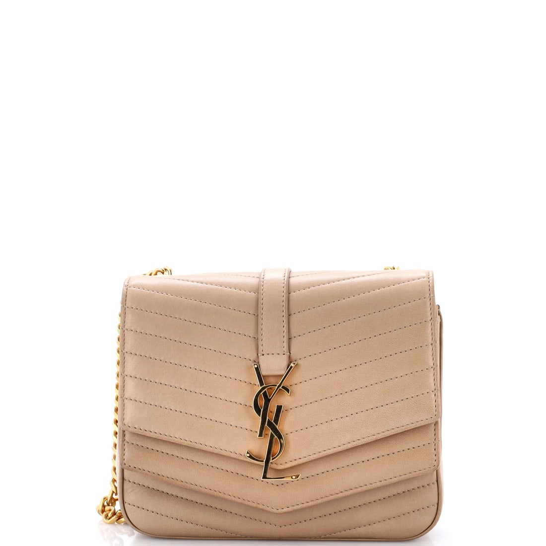 Leather Chevron Matelasse Sulpice Small Flap Bag Saint: Leather Chevron Matelasse Sulpice Small Flap Bag Saint Small Flap Bag with Matelasse Chevron Leather and Gold Hardware, a stylish and neutral-toned shoulder bag from Saint Laurent. Measuring 6" high,