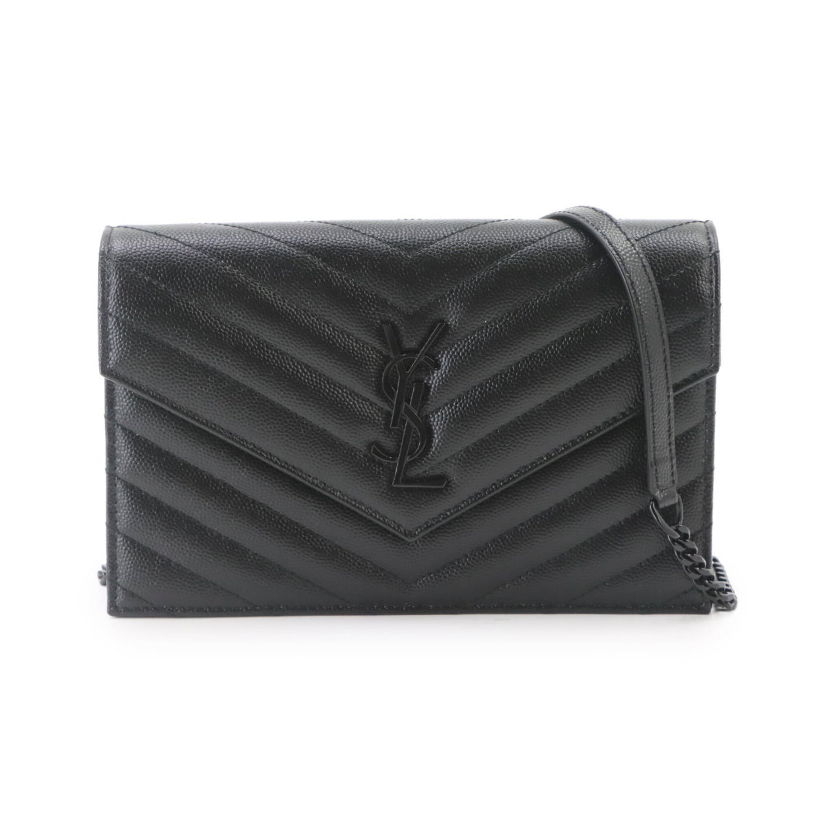 Saint Laurent Chain Shoulder Leather Wallet: Saint Laurent Chain Shoulder Leather Wallet Chain shoulder leather wallet from Saint Laurent, featuring a sleek black leather design with a 41.92'' chain strap. The wallet measures 12cm x 19cm x 4cm