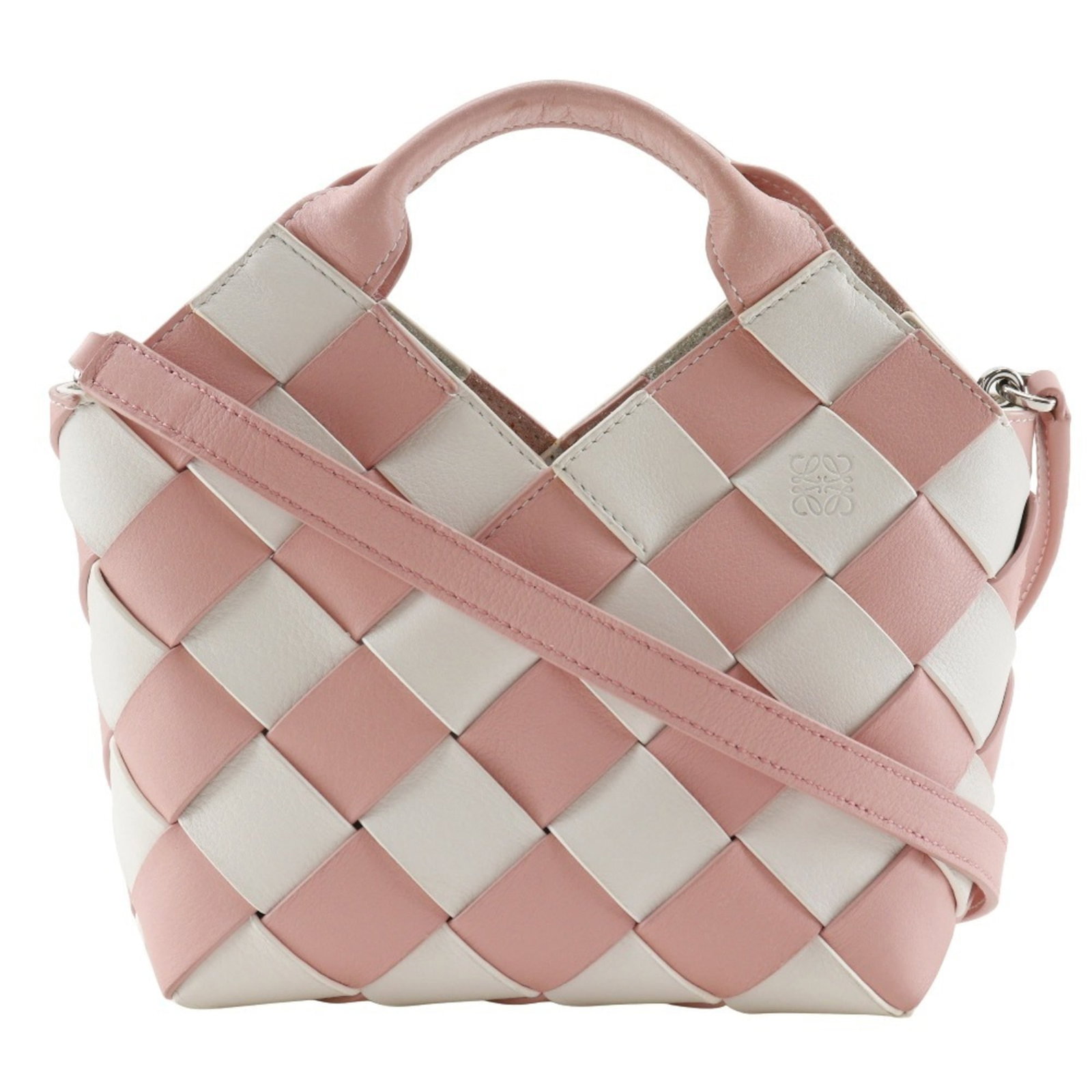 Leather Handbag Basket: Leather Handbag Basket Pink and white leather basket handbag from Loewe, featuring a unique design and elegant style. The item comes with a dust bag and shoulder strap for added convenience. Measuring