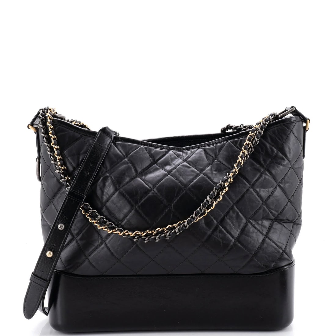 Quilted Calfskin Aged Chanel Medium Hobo: Quilted Calfskin Aged Chanel Medium Hobo Quilted Calfskin Aged Chanel Medium Hobo - A Timeless Classic. This medium-sized hobo features quilted calfskin exterior in black, with a red interior and