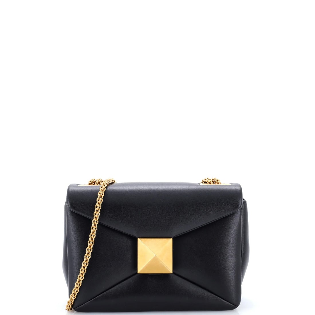 One flap leather small Valentino Garavani chain stud bag: One flap leather small Valentino Garavani chain stud bag Small flap leather Valentino Garavani chain stud bag in black leather with aged gold hardware, featuring a classic shoulder design with a