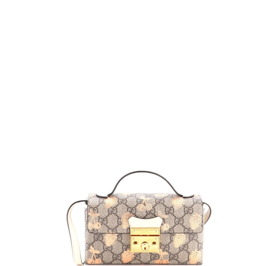 Gucci Coated Canvas and Leather Padlock Handle Bag Top Mini GG Printed: Gucci Coated Canvas and Leather Padlock Handle Bag Top Mini GG Printed This Gucci mini bag features a unique combination of coated canvas and leather, with a striking GG print. The neutral exterior co
