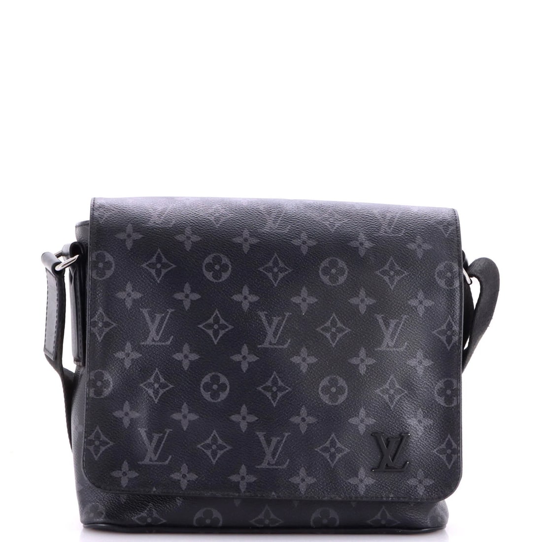 Eclipse Canvas Bag Messenger Monogram District Vuitton Louis: Eclipse Canvas Bag Messenger Monogram District Vuitton Louis Black Canvas Coated District Messenger Bag with Monogram Eclipse Design, featuring a classic cross body style and silver hardware. The bag