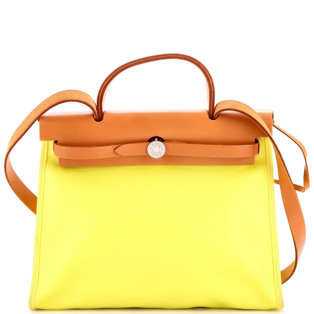 Hermes Herbag Zip Berline Vache Canvas and Leather 31: Hermes Herbag Zip Berline Vache Canvas and Leather 31 Yellow Hermes Herbag Zip Berline Vache Canvas and Leather 31 shoulder bag with pochette and palladium hardware, featuring a 31cm size and neutral